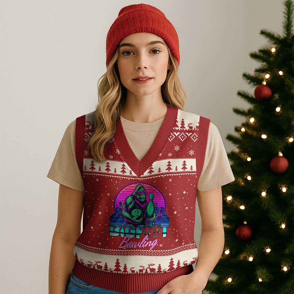 Funny Bigfoot Bowling Vaporwave Gift V-Neck Knit Sweater Vest - Wonder Print Shop