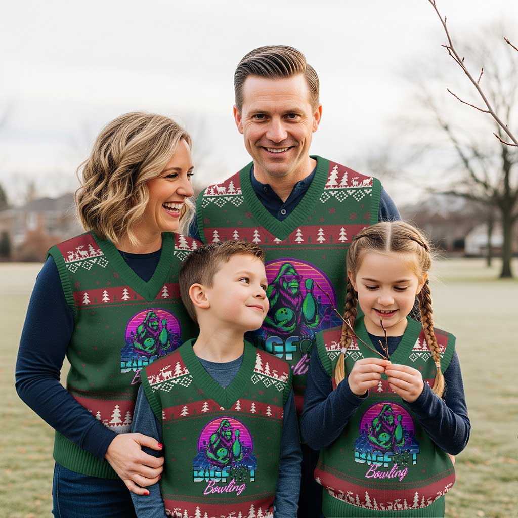 Funny Bigfoot Bowling Vaporwave Gift V-Neck Knit Sweater Vest - Wonder Print Shop