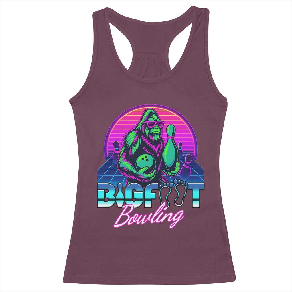 Funny Bigfoot Bowling Vaporwave Gift Racerback Tank Top - Wonder Print Shop