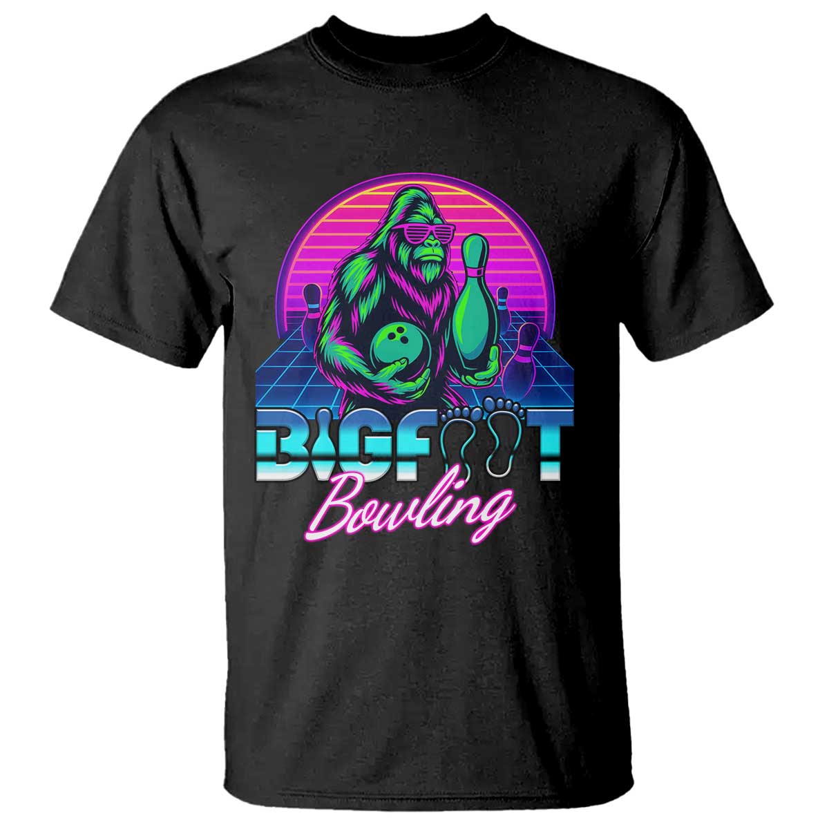 Funny Bigfoot Bowling Vaporwave Gift T Shirt - Wonder Print Shop