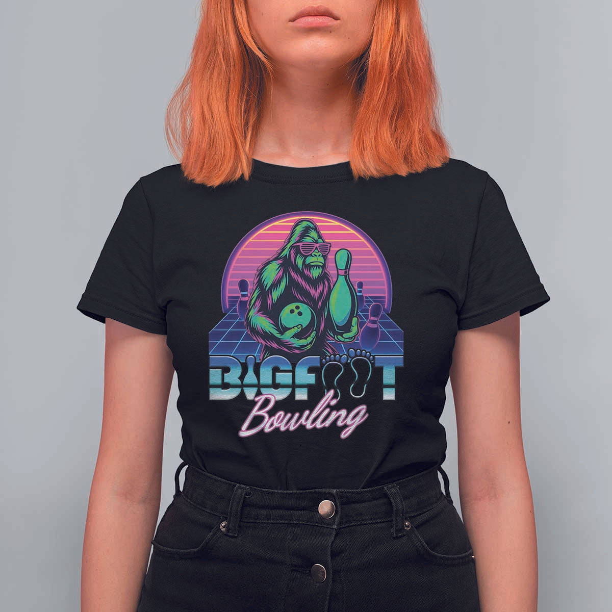 Funny Bigfoot Bowling Vaporwave Gift T Shirt For Women - Wonder Print Shop