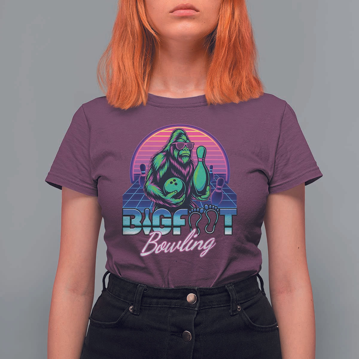Funny Bigfoot Bowling Vaporwave Gift T Shirt For Women - Wonder Print Shop