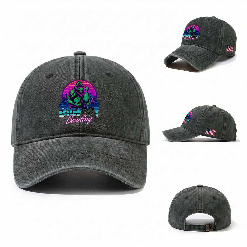 Funny Bigfoot Bowling Vaporwave Gift Washed Cotton Baseball Cap
