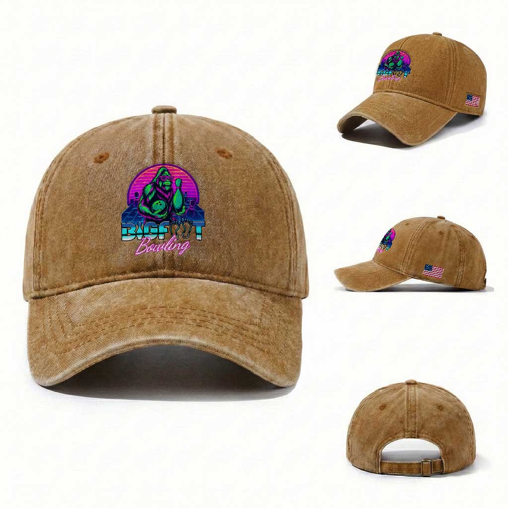 Funny Bigfoot Bowling Vaporwave Gift Washed Cotton Baseball Cap