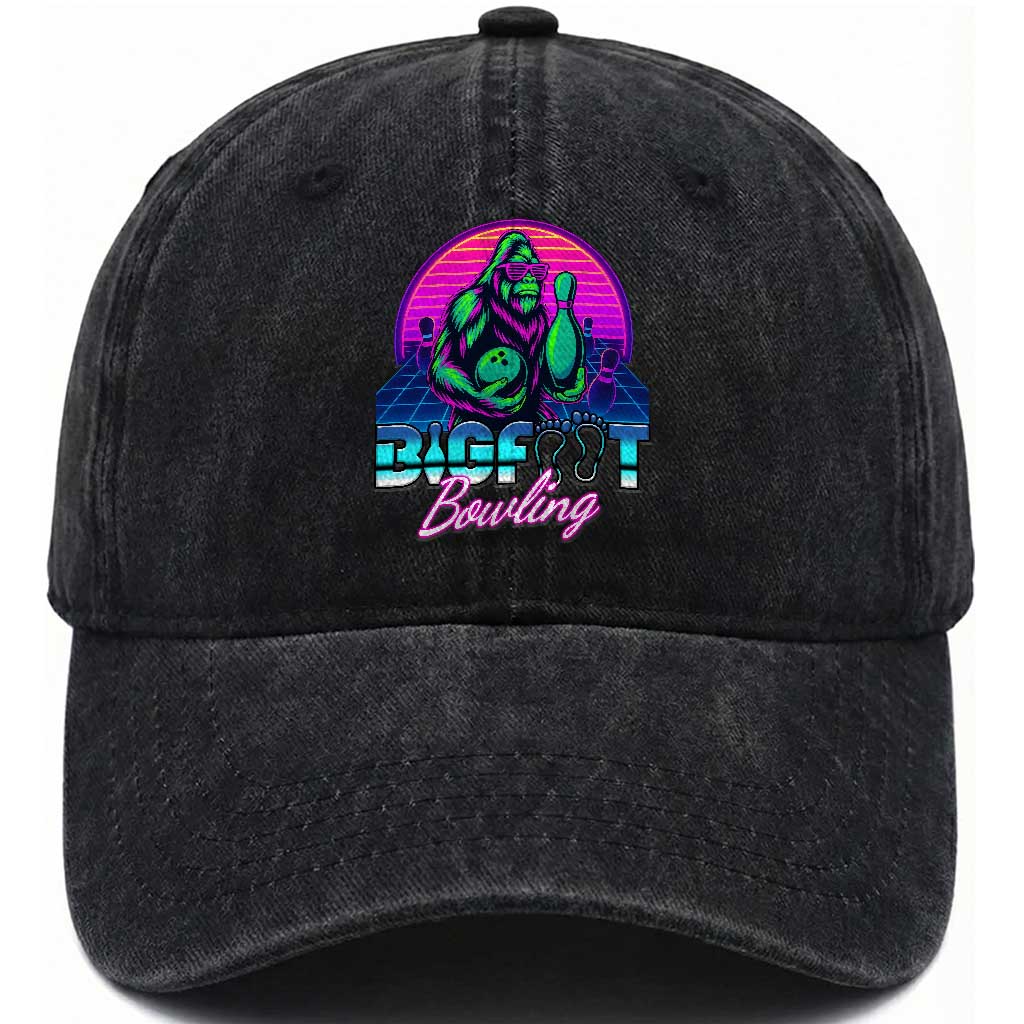 Funny Bigfoot Bowling Vaporwave Gift Washed Cotton Baseball Cap