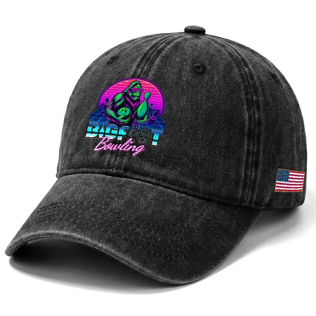 Funny Bigfoot Bowling Vaporwave Gift Washed Cotton Baseball Cap