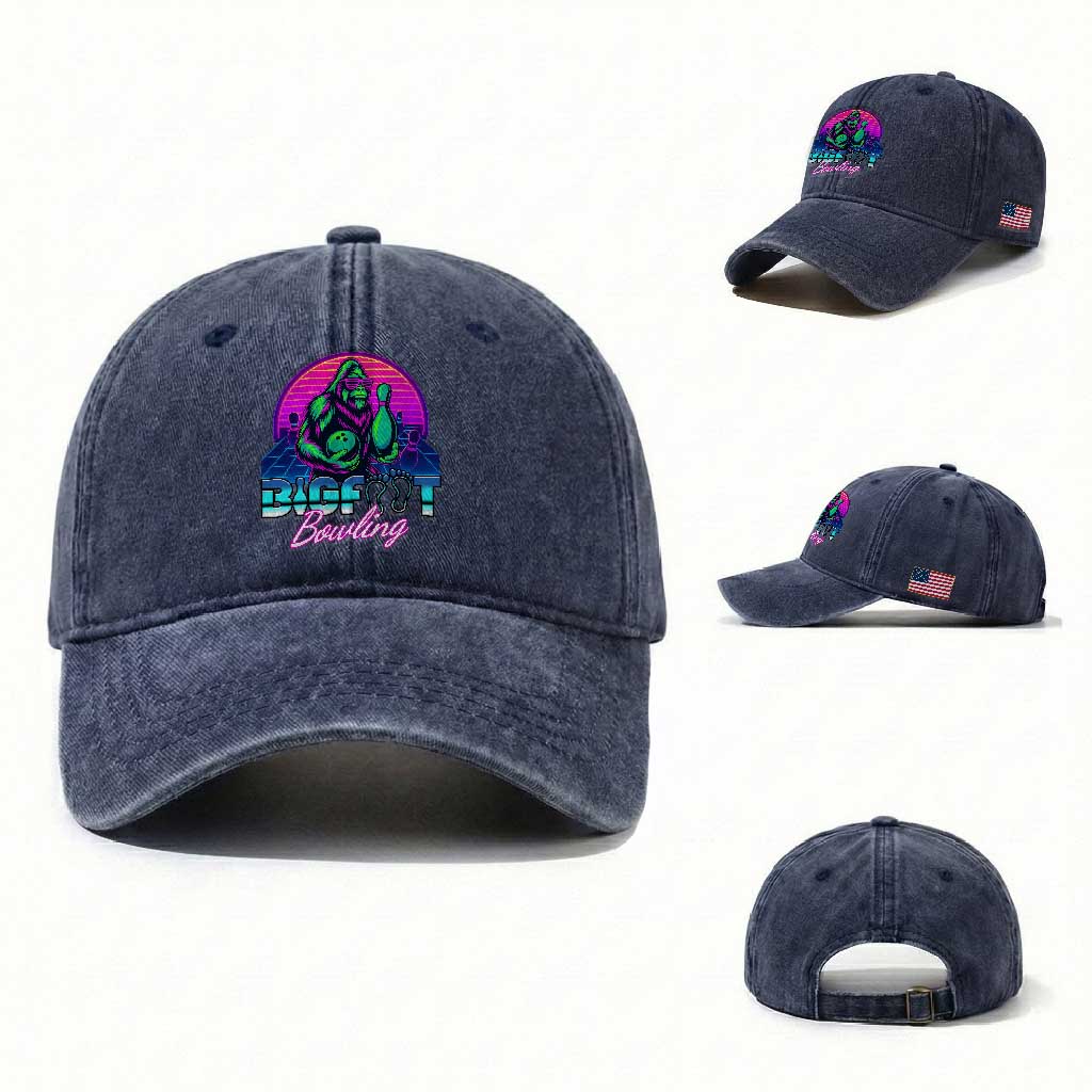Funny Bigfoot Bowling Vaporwave Gift Washed Cotton Baseball Cap