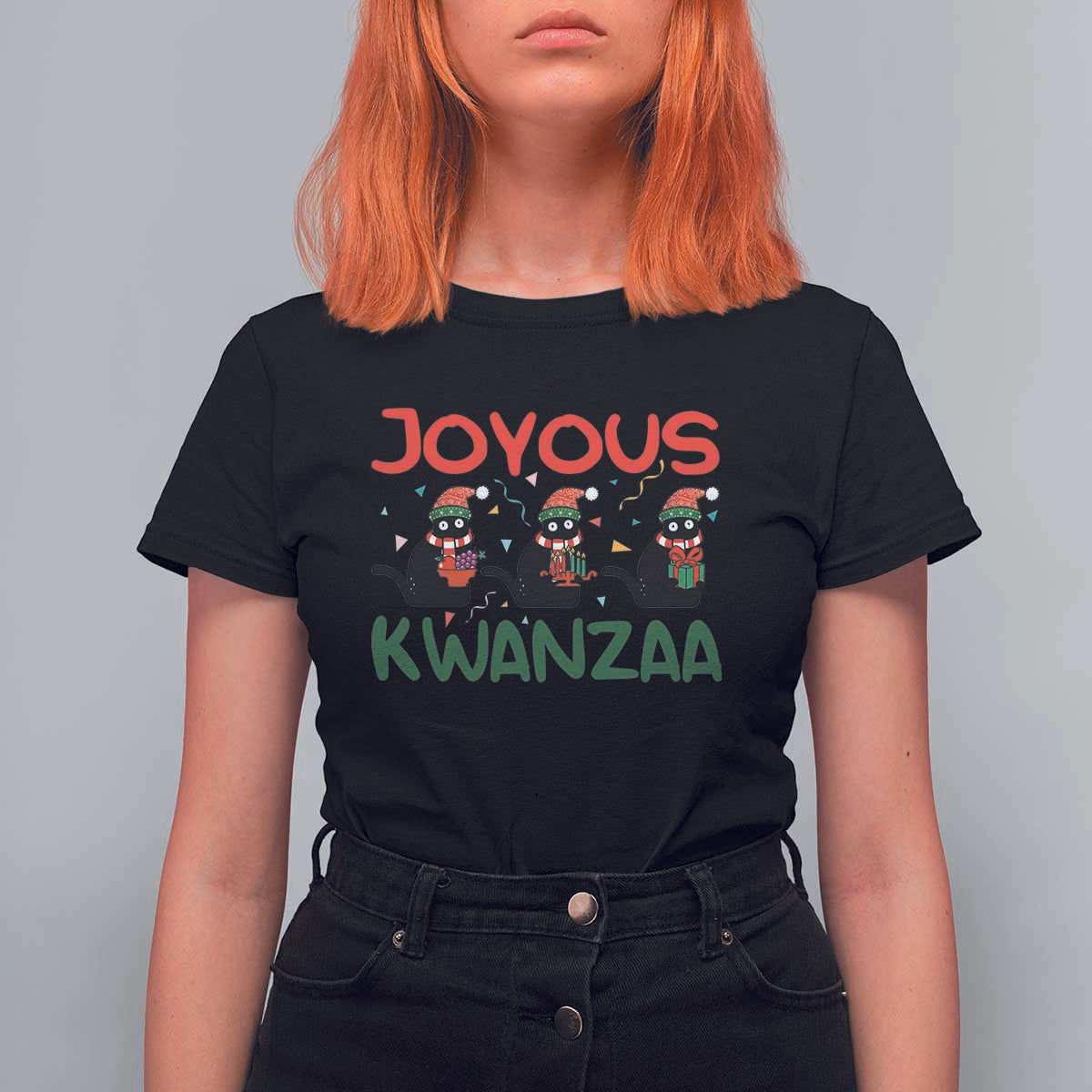 Joyous Kwanzaa T Shirt For Women Funny Cats With Kinara And Presents Cultural Pride Gift - Wonder Print Shop