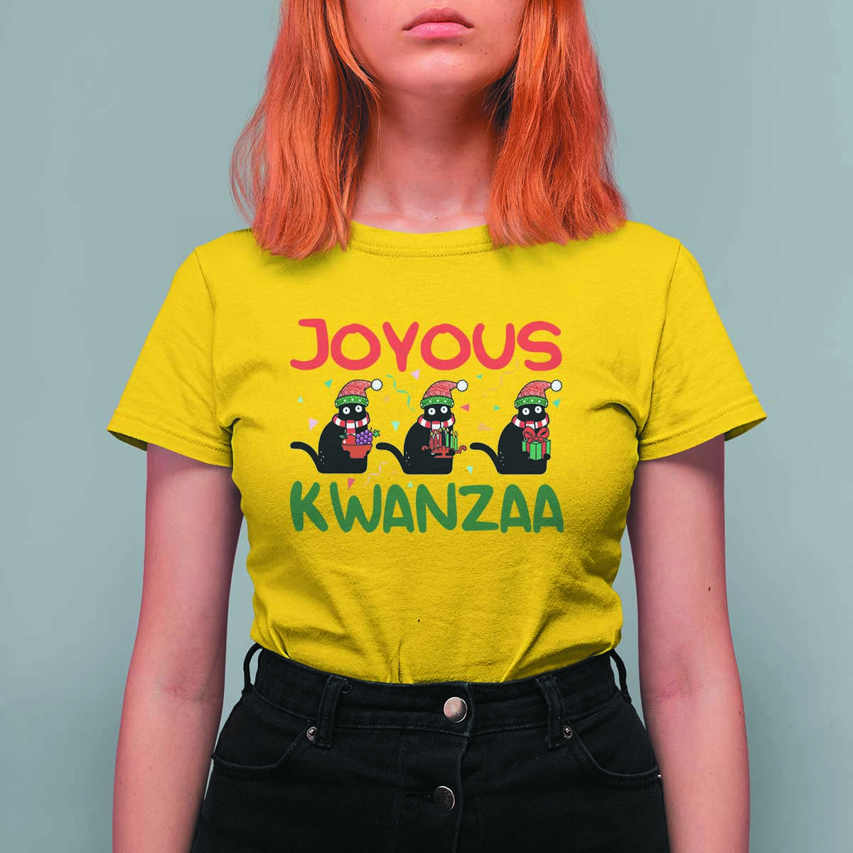 Joyous Kwanzaa T Shirt For Women Funny Cats With Kinara And Presents Cultural Pride Gift - Wonder Print Shop