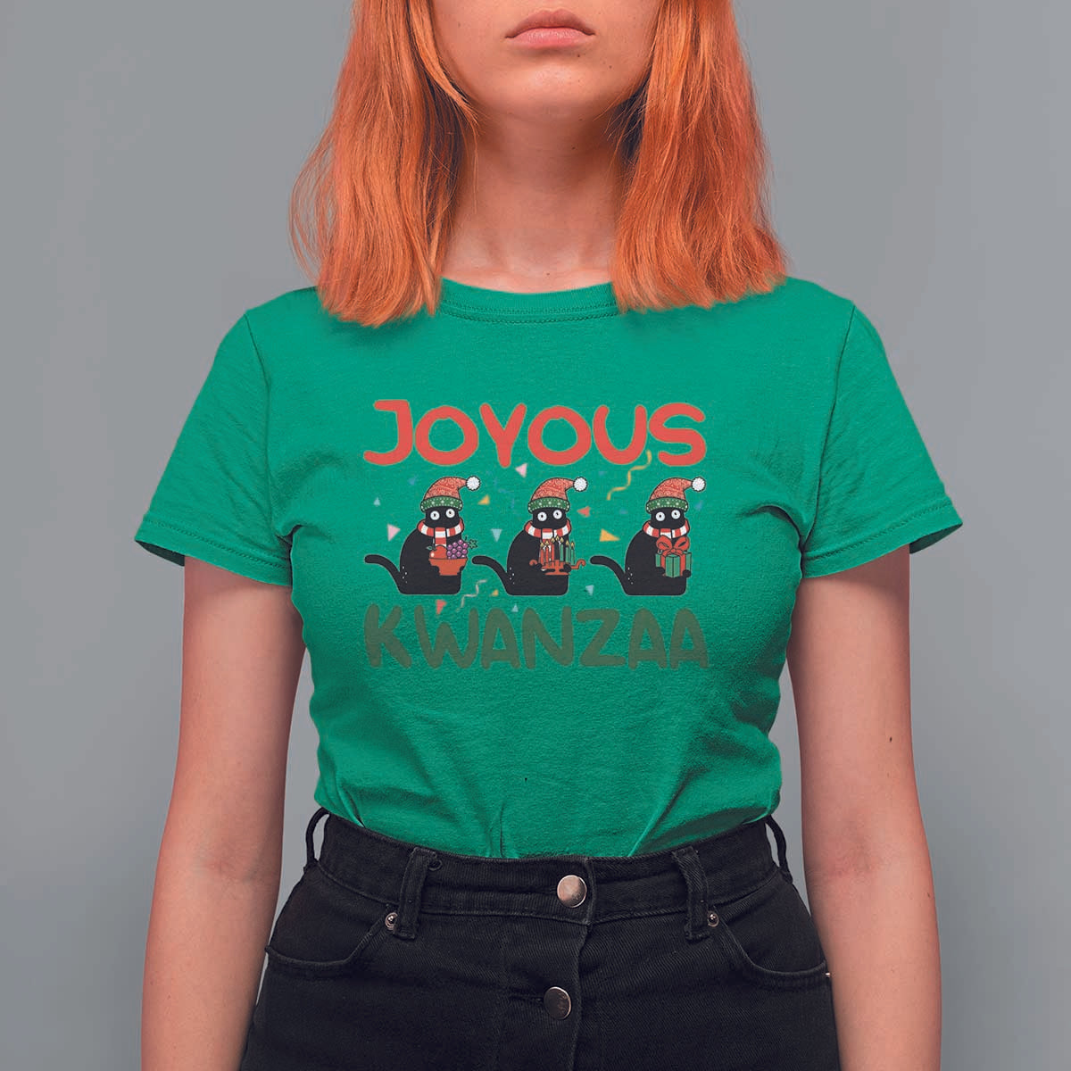 Joyous Kwanzaa T Shirt For Women Funny Cats With Kinara And Presents Cultural Pride Gift - Wonder Print Shop