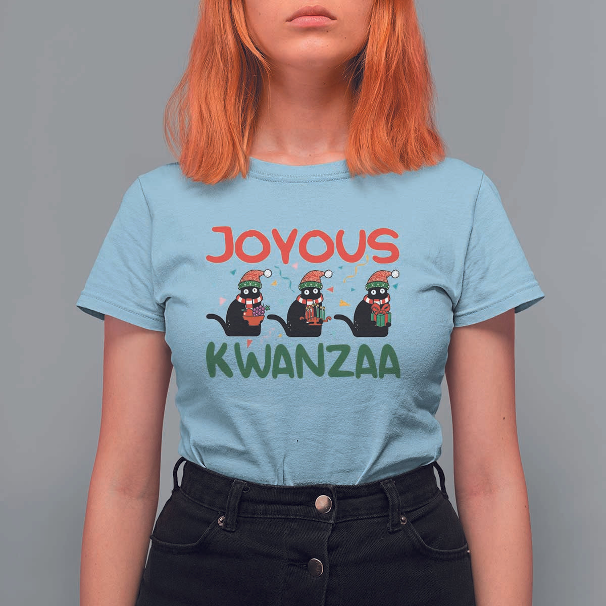 Joyous Kwanzaa T Shirt For Women Funny Cats With Kinara And Presents Cultural Pride Gift - Wonder Print Shop
