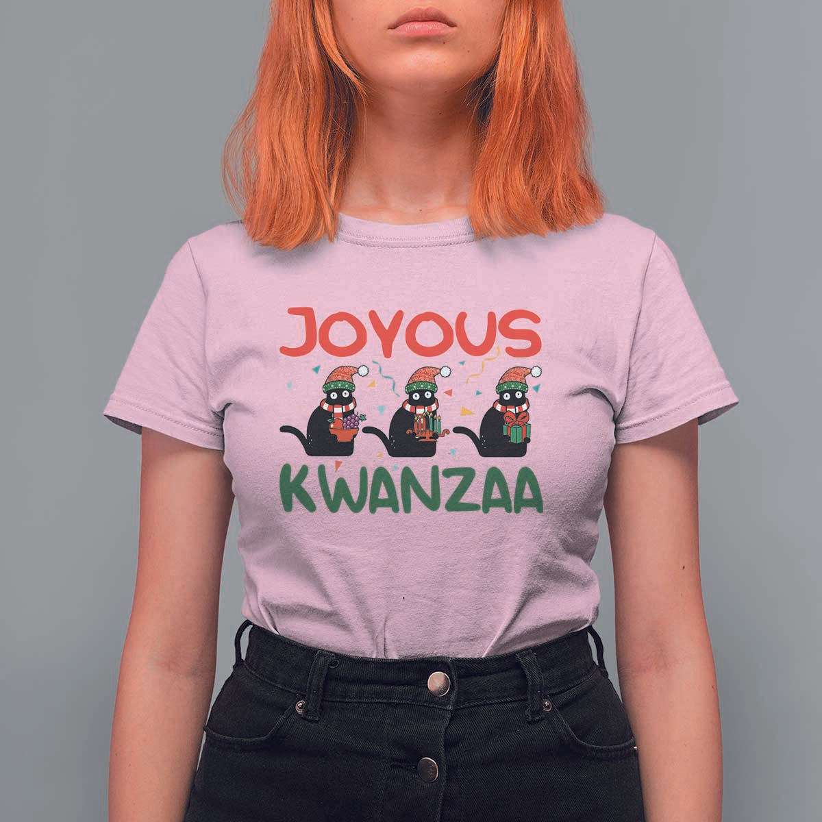 Joyous Kwanzaa T Shirt For Women Funny Cats With Kinara And Presents Cultural Pride Gift - Wonder Print Shop