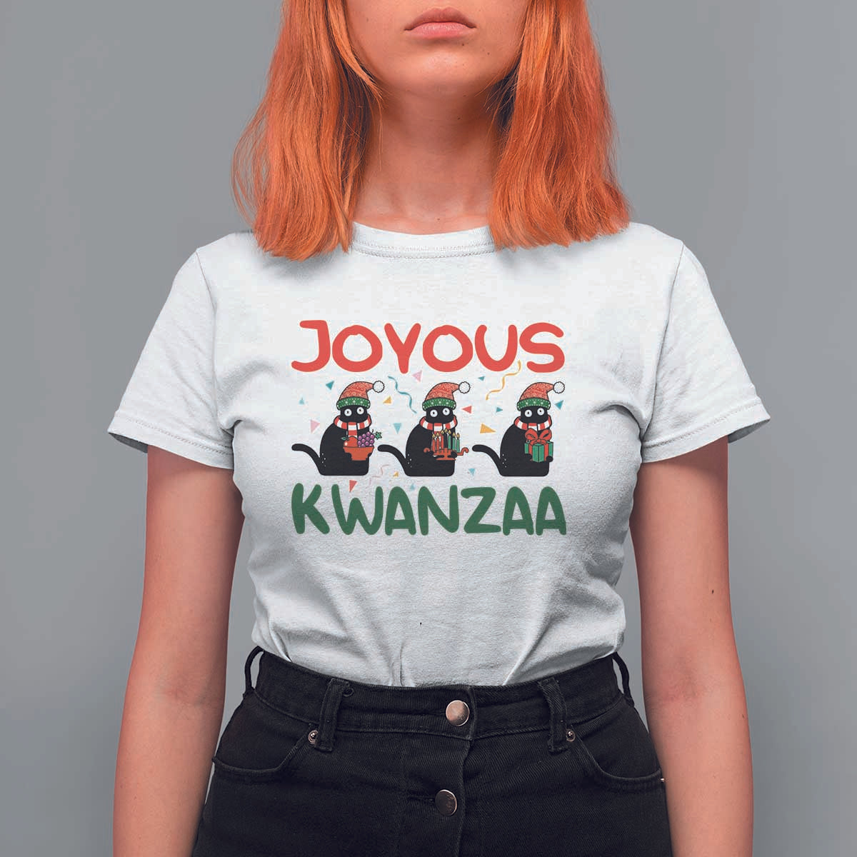 Joyous Kwanzaa T Shirt For Women Funny Cats With Kinara And Presents Cultural Pride Gift - Wonder Print Shop