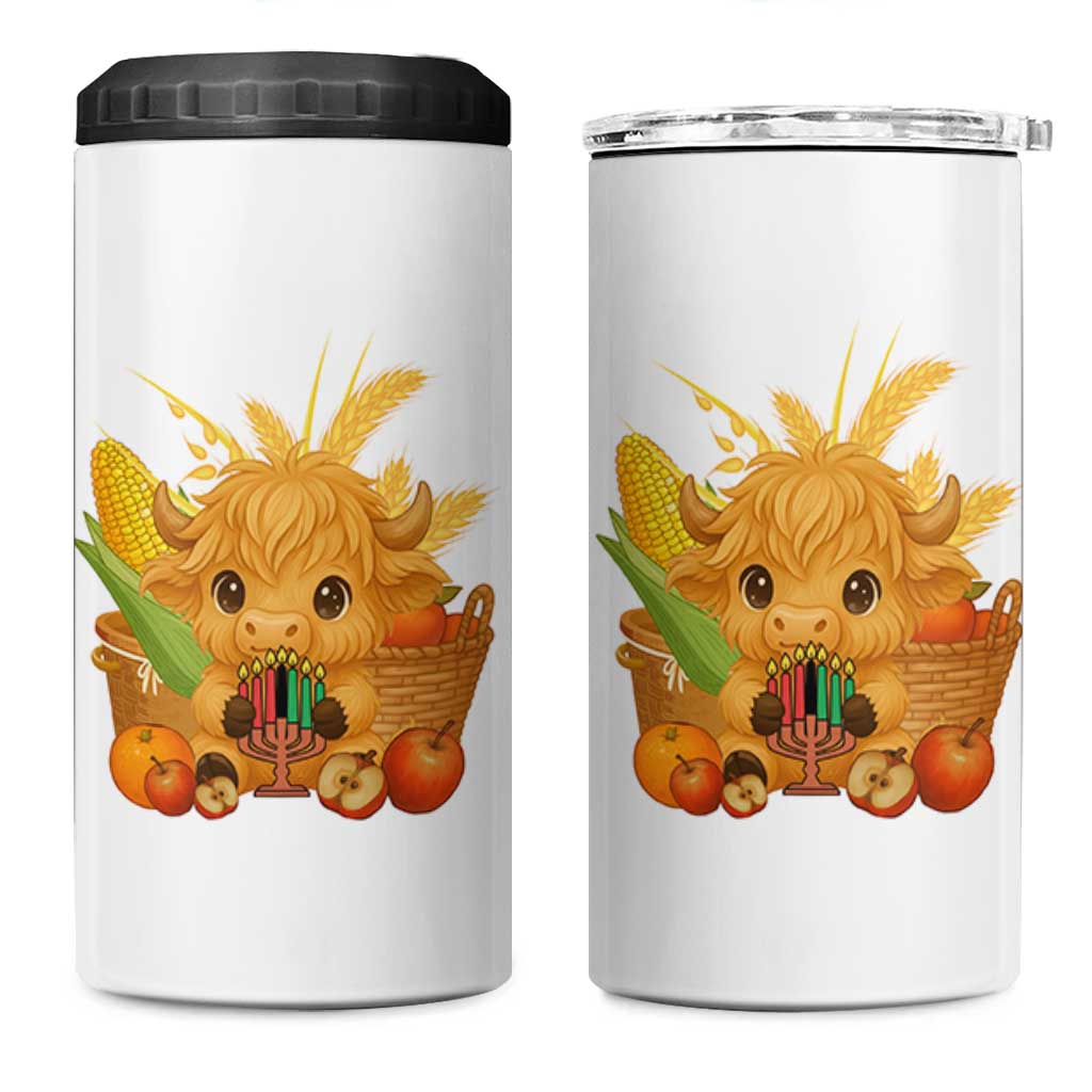 Cute Highland Cow With Kwanzaa Kinara And Presents 4 in 1 Can Cooler Tumbler African Heritage Gift - Wonder Print Shop