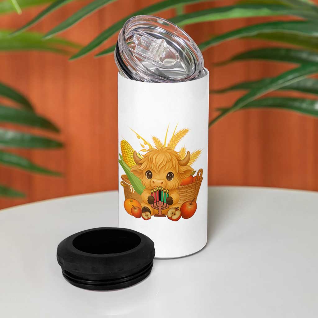 Cute Highland Cow With Kwanzaa Kinara And Presents 4 in 1 Can Cooler Tumbler African Heritage Gift - Wonder Print Shop