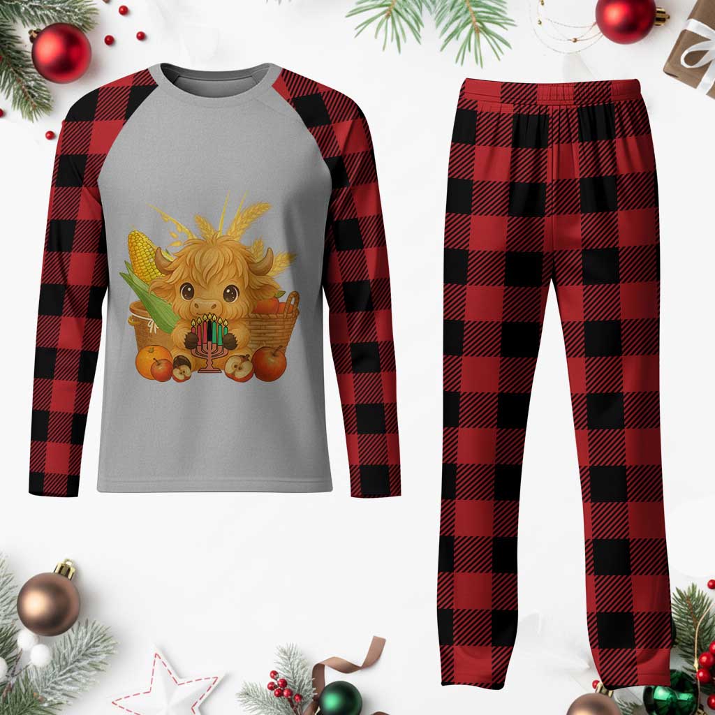 Cute Highland Cow With Kwanzaa Kinara And Presents Plaid Pajama Set African Heritage Gift - Wonder Print Shop