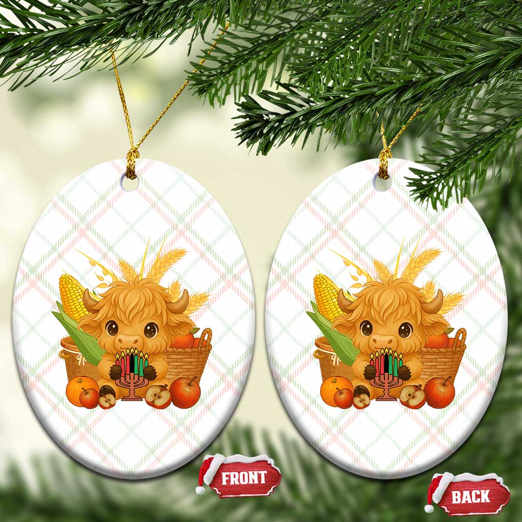 Cute Highland Cow With Kwanzaa Kinara And Presents Ceramic Ornament African Heritage Gift - Wonder Print Shop