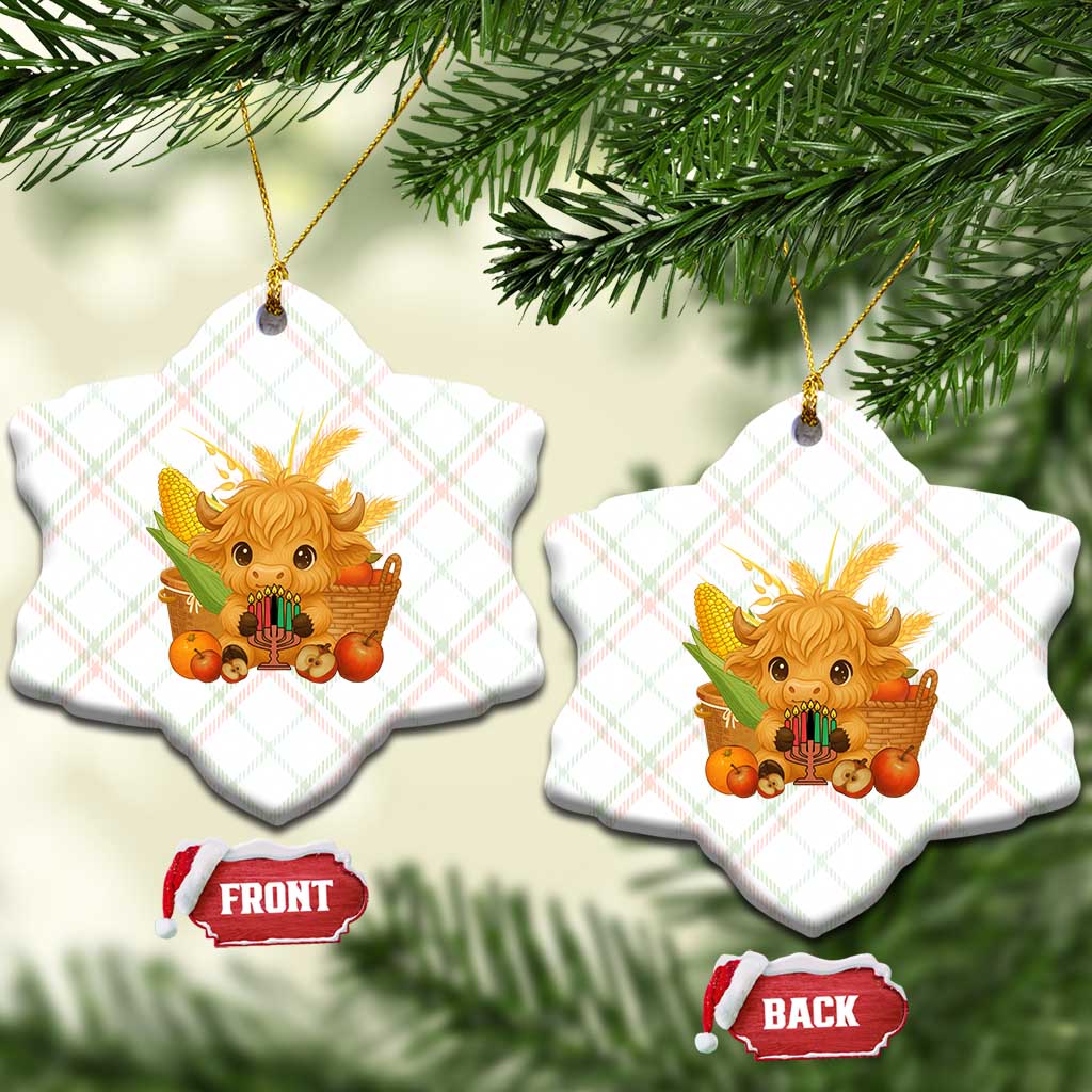 Cute Highland Cow With Kwanzaa Kinara And Presents Ceramic Ornament African Heritage Gift - Wonder Print Shop