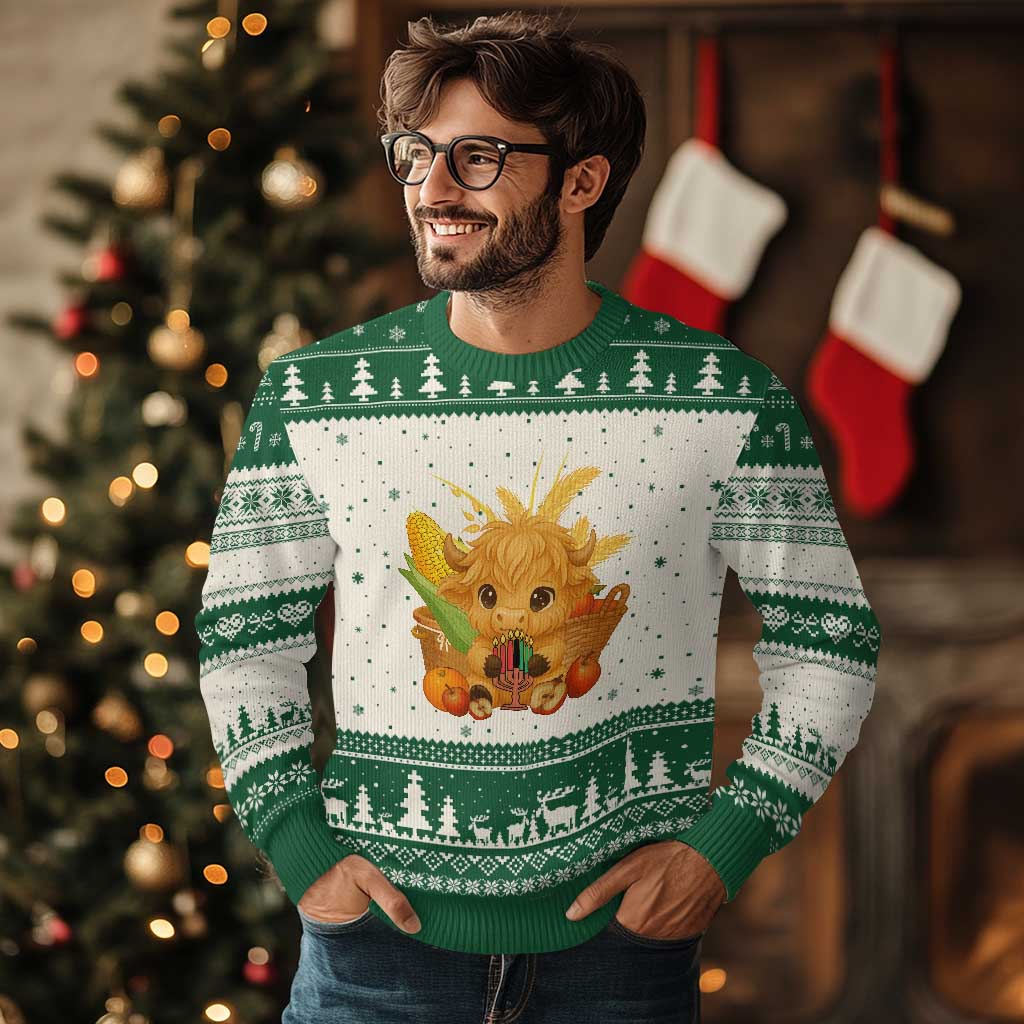 Cute Highland Cow With Kwanzaa Kinara And Presents Ugly Christmas Sweater African Heritage Gift - Wonder Print Shop