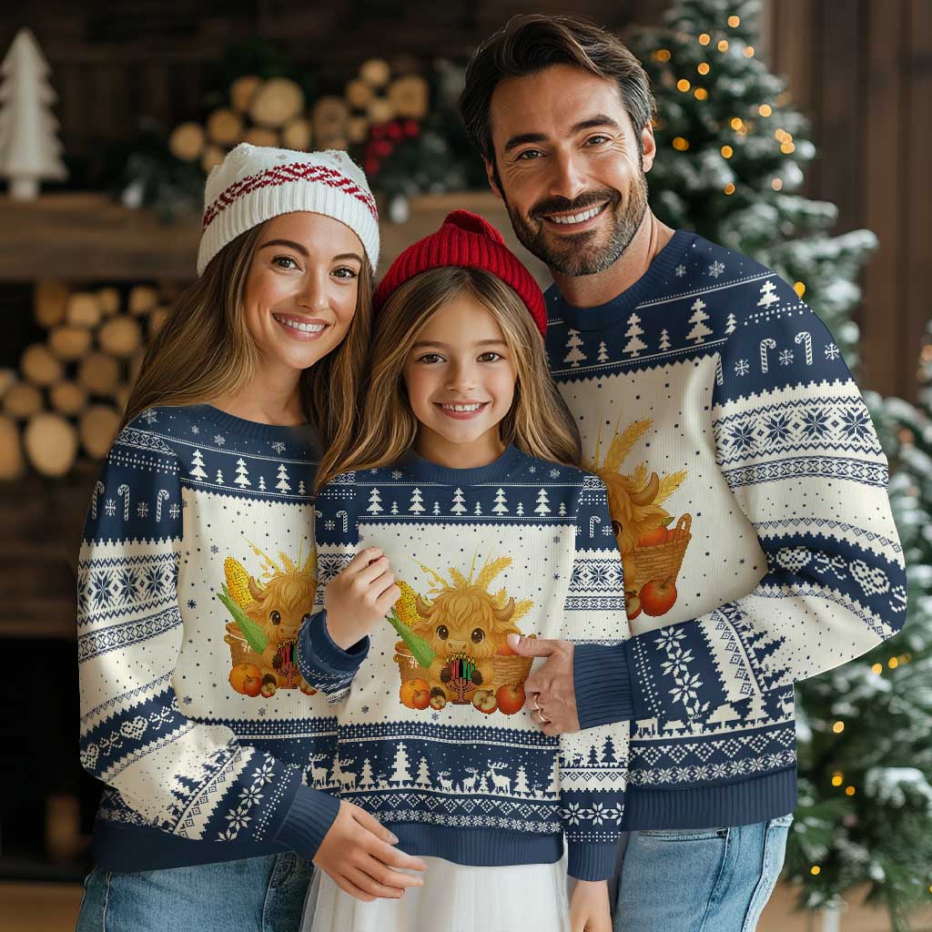 Cute Highland Cow With Kwanzaa Kinara And Presents Ugly Christmas Sweater African Heritage Gift - Wonder Print Shop