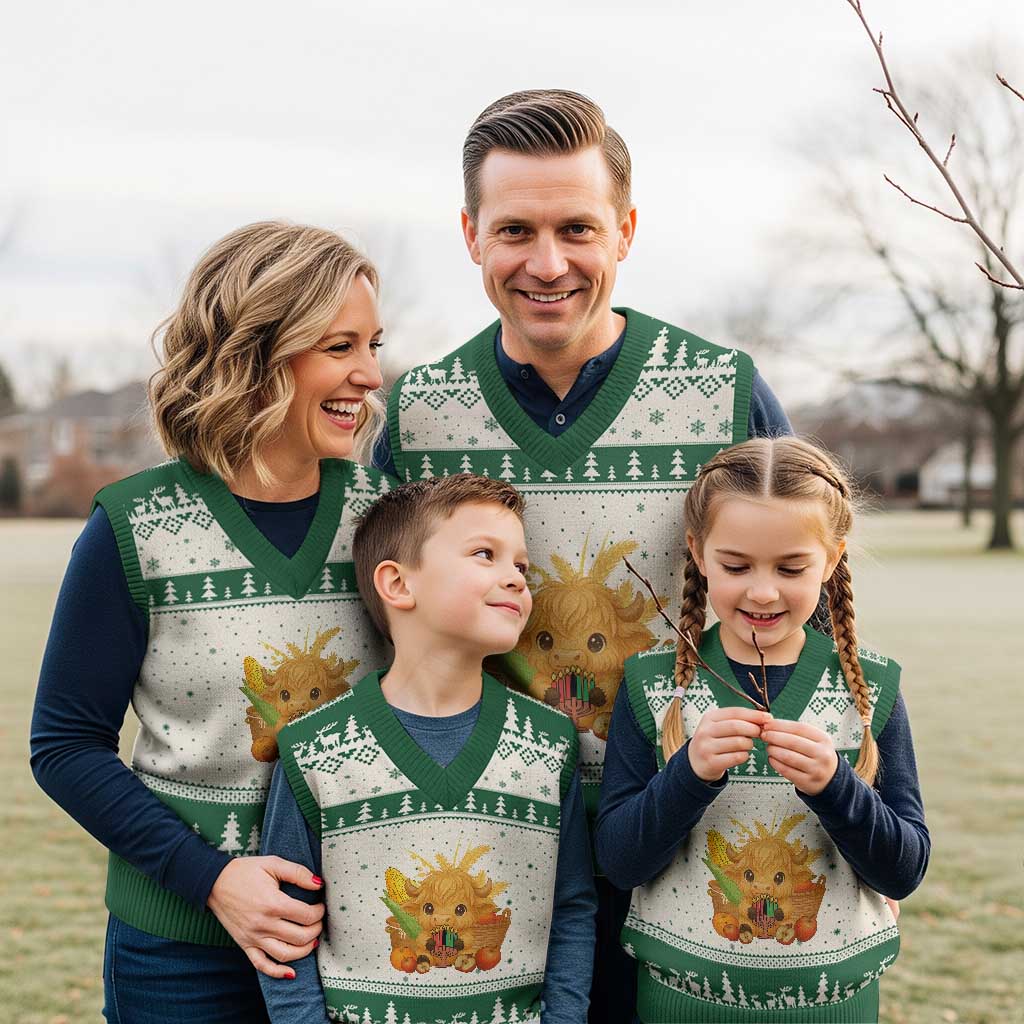 Cute Highland Cow With Kwanzaa Kinara And Presents V-Neck Knit Sweater Vest African Heritage Gift - Wonder Print Shop