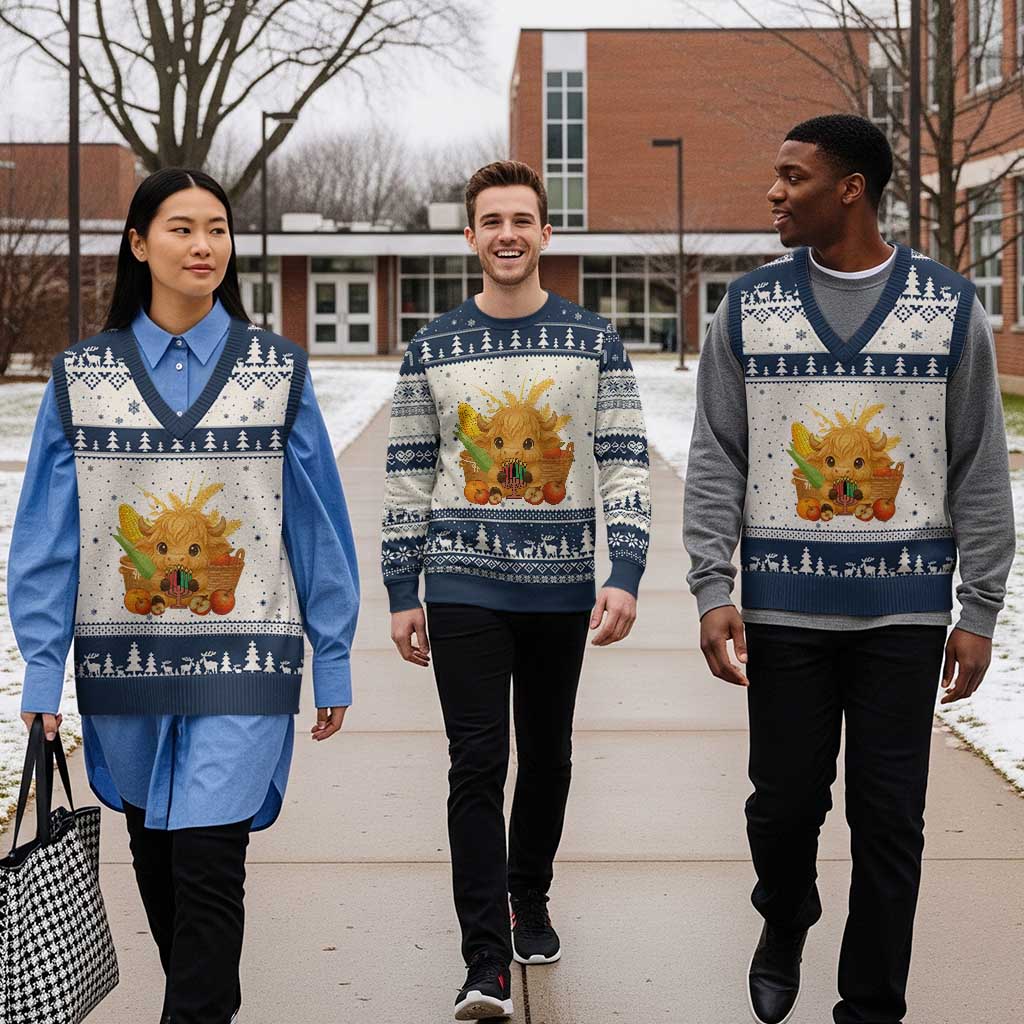 Cute Highland Cow With Kwanzaa Kinara And Presents V-Neck Knit Sweater Vest African Heritage Gift - Wonder Print Shop