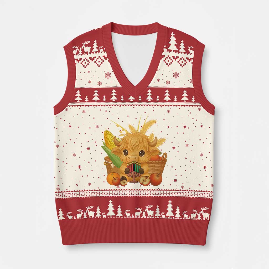Cute Highland Cow With Kwanzaa Kinara And Presents V-Neck Knit Sweater Vest African Heritage Gift - Wonder Print Shop