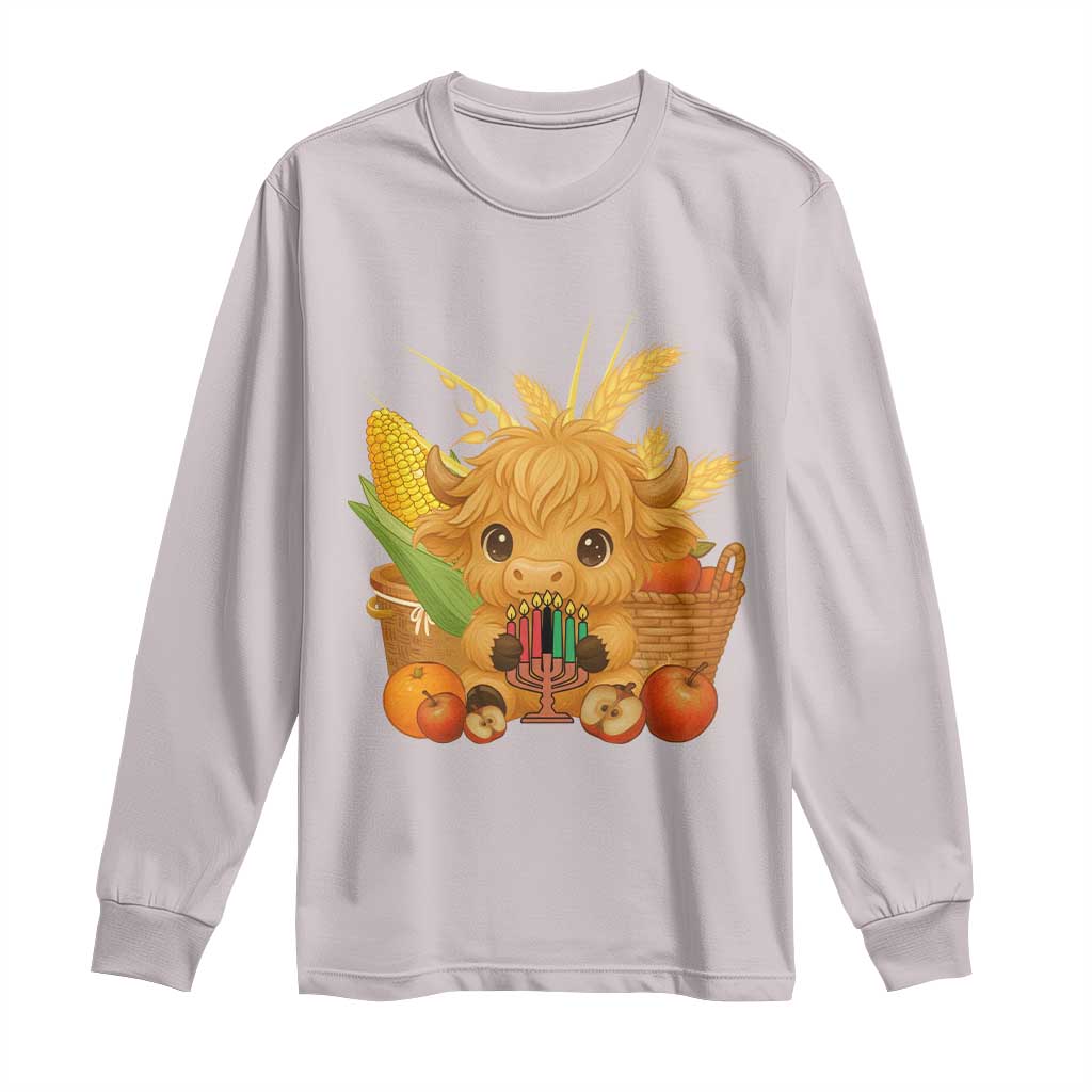 Cute Highland Cow With Kwanzaa Kinara And Presents Long Sleeve Shirt African Heritage Gift - Wonder Print Shop