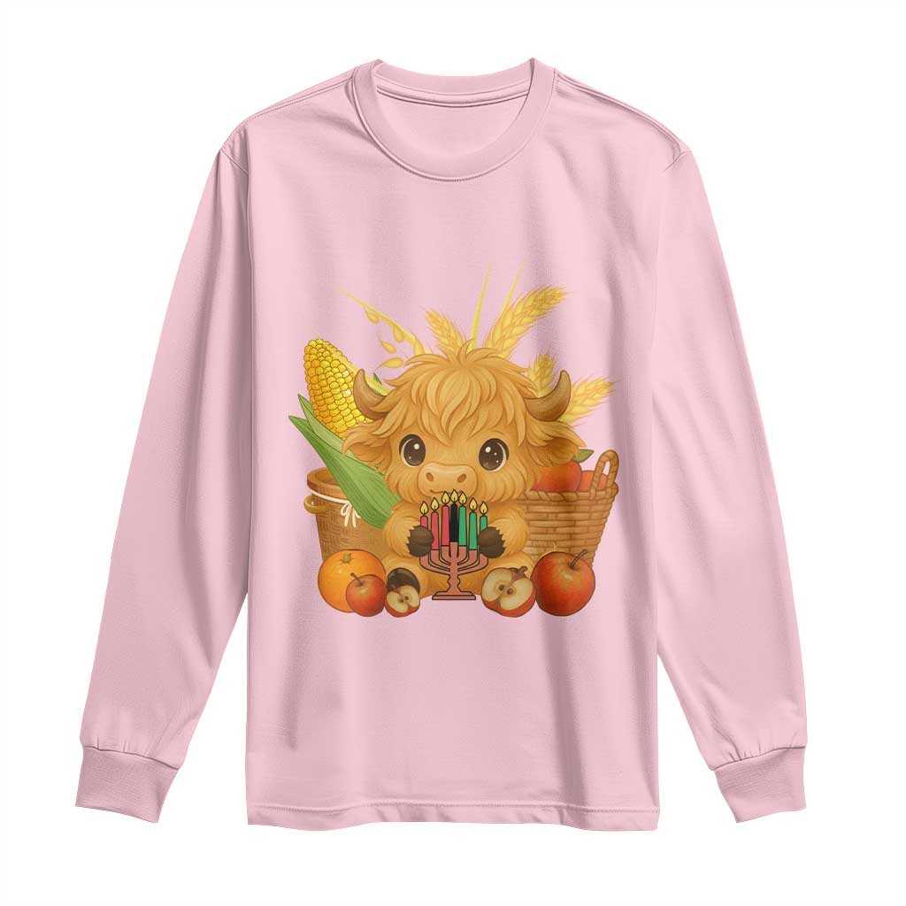 Cute Highland Cow With Kwanzaa Kinara And Presents Long Sleeve Shirt African Heritage Gift - Wonder Print Shop