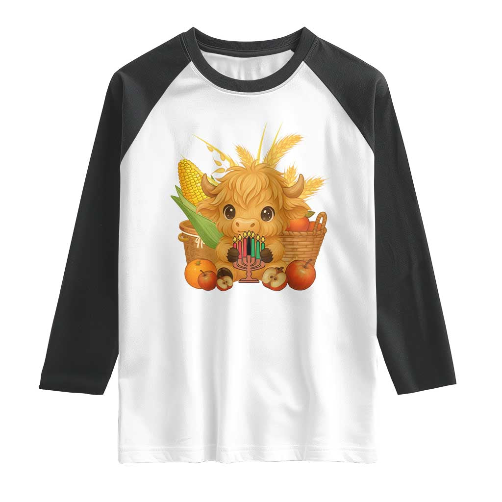 Cute Highland Cow With Kwanzaa Kinara And Presents Raglan Shirt African Heritage Gift - Wonder Print Shop