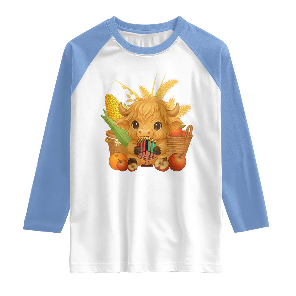 Cute Highland Cow With Kwanzaa Kinara And Presents Raglan Shirt African Heritage Gift - Wonder Print Shop