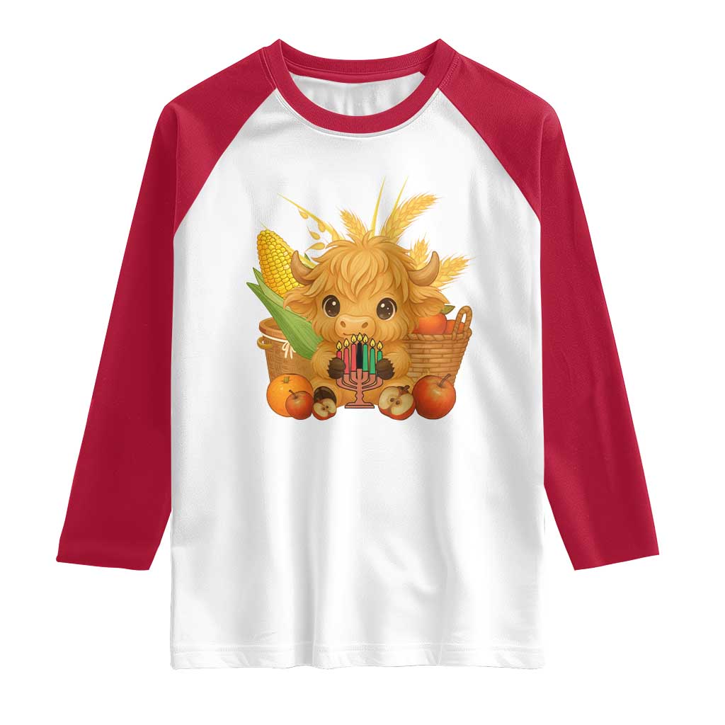 Cute Highland Cow With Kwanzaa Kinara And Presents Raglan Shirt African Heritage Gift - Wonder Print Shop