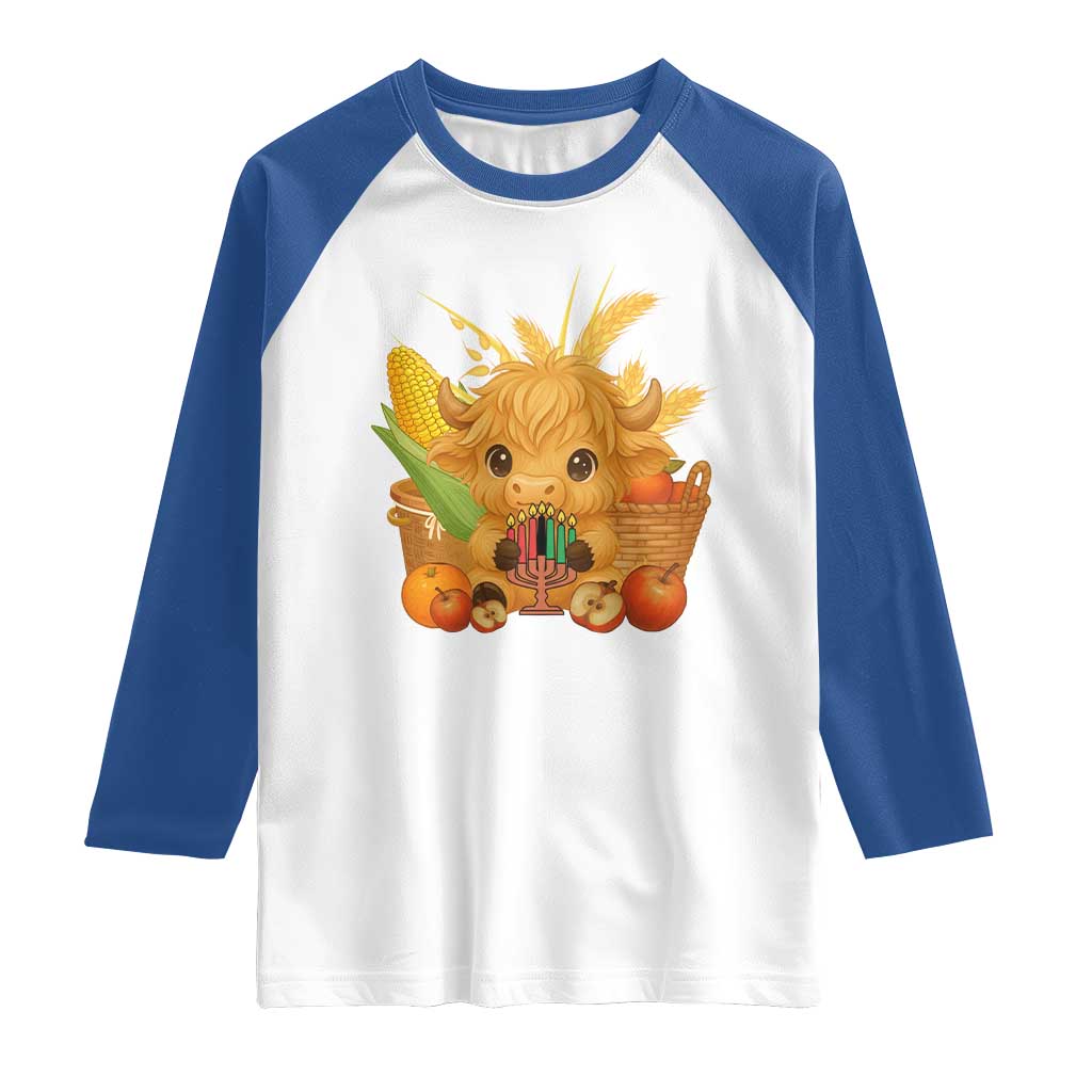 Cute Highland Cow With Kwanzaa Kinara And Presents Raglan Shirt African Heritage Gift - Wonder Print Shop