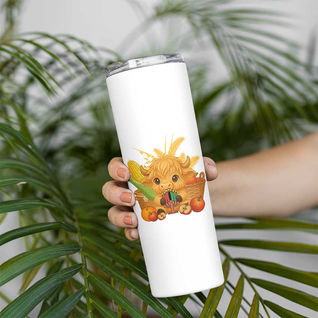 Cute Highland Cow With Kwanzaa Kinara And Presents Skinny Tumbler African Heritage Gift - Wonder Print Shop