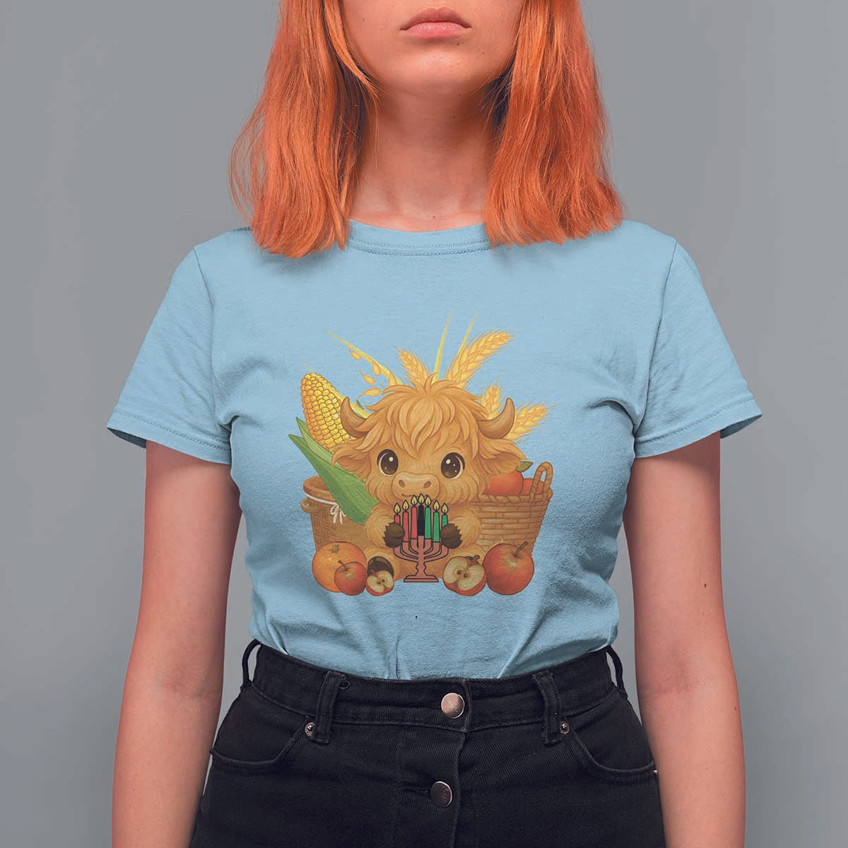 Cute Highland Cow With Kwanzaa Kinara And Presents T Shirt For Women African Heritage Gift - Wonder Print Shop