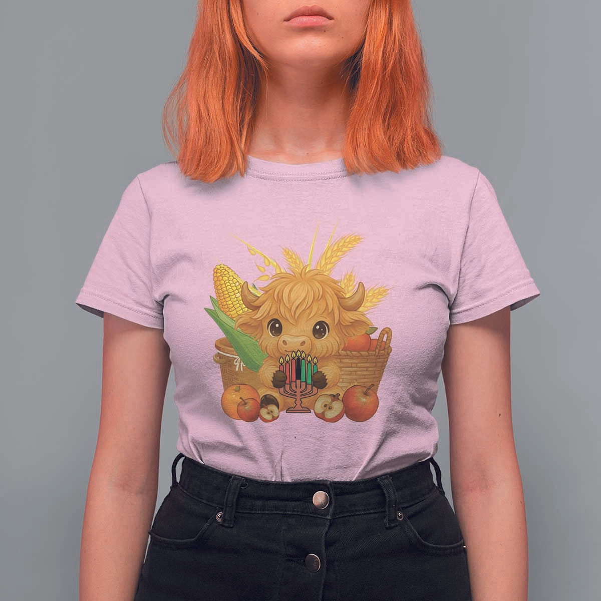 Cute Highland Cow With Kwanzaa Kinara And Presents T Shirt For Women African Heritage Gift - Wonder Print Shop