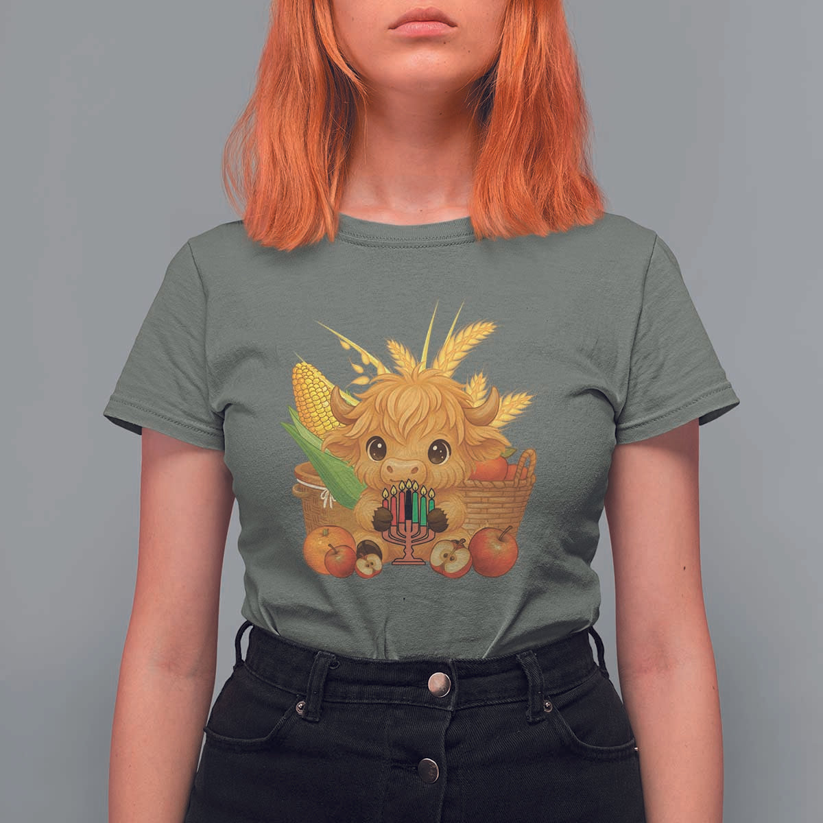Cute Highland Cow With Kwanzaa Kinara And Presents T Shirt For Women African Heritage Gift - Wonder Print Shop