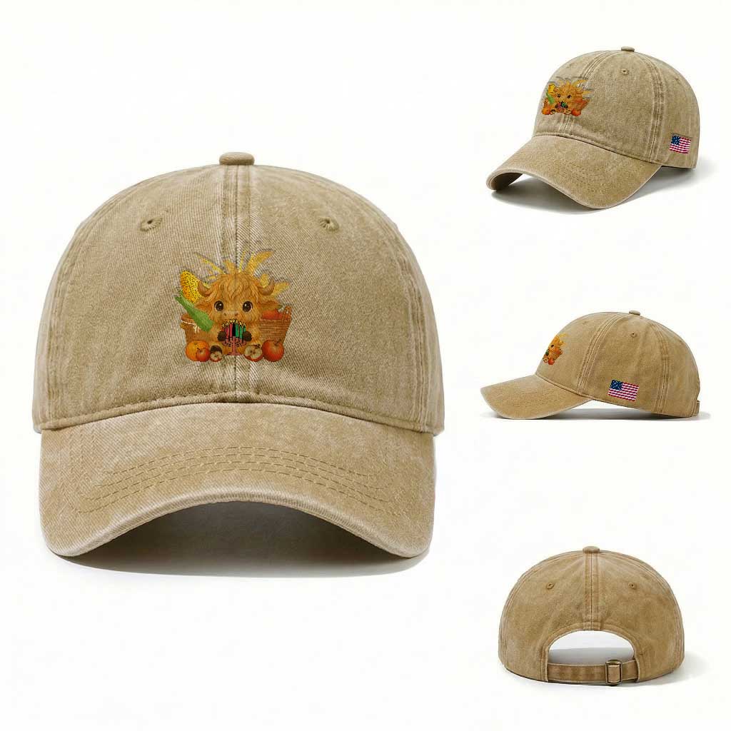 Cute Highland Cow With Kwanzaa Kinara And Presents Washed Cotton Baseball Cap African Heritage Gift