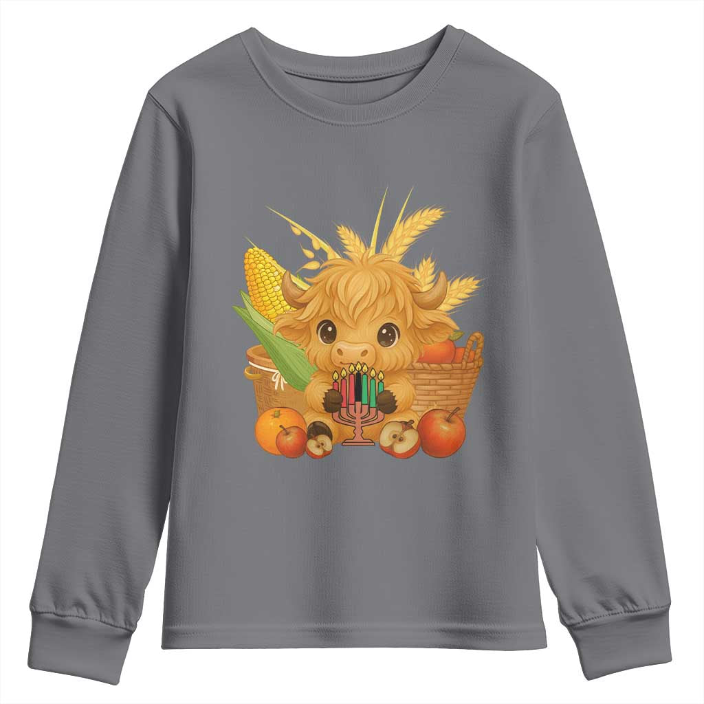 Cute Highland Cow With Kwanzaa Kinara And Presents Youth Sweatshirt African Heritage Gift - Wonder Print Shop