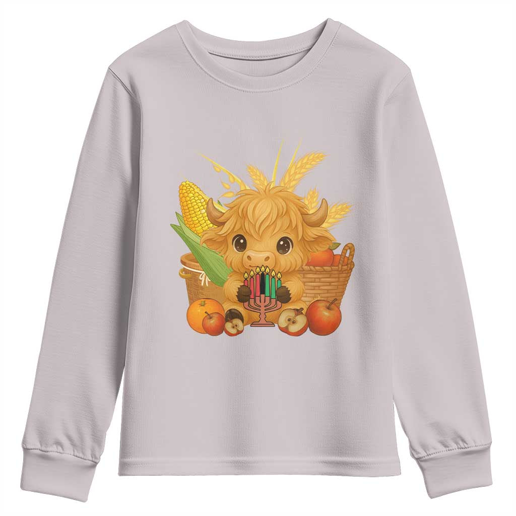 Cute Highland Cow With Kwanzaa Kinara And Presents Youth Sweatshirt African Heritage Gift - Wonder Print Shop