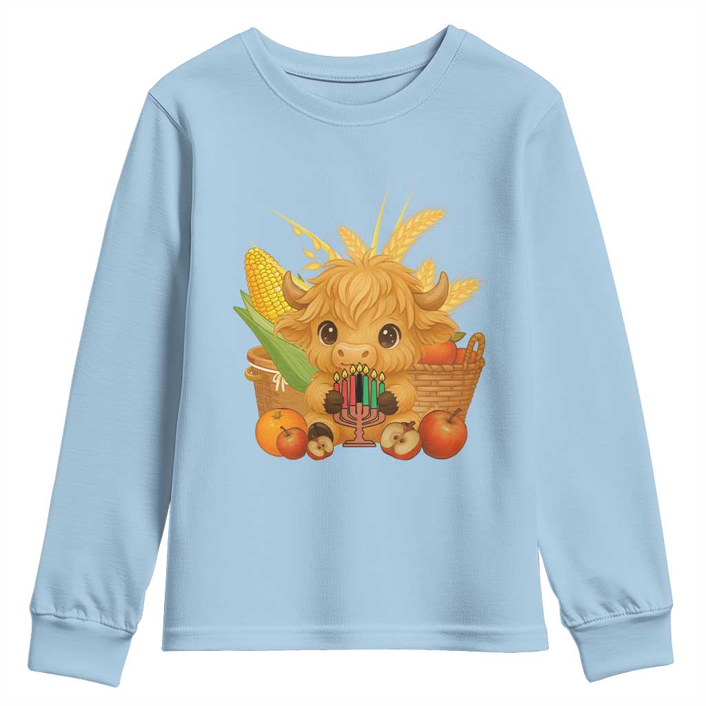 Cute Highland Cow With Kwanzaa Kinara And Presents Youth Sweatshirt African Heritage Gift - Wonder Print Shop