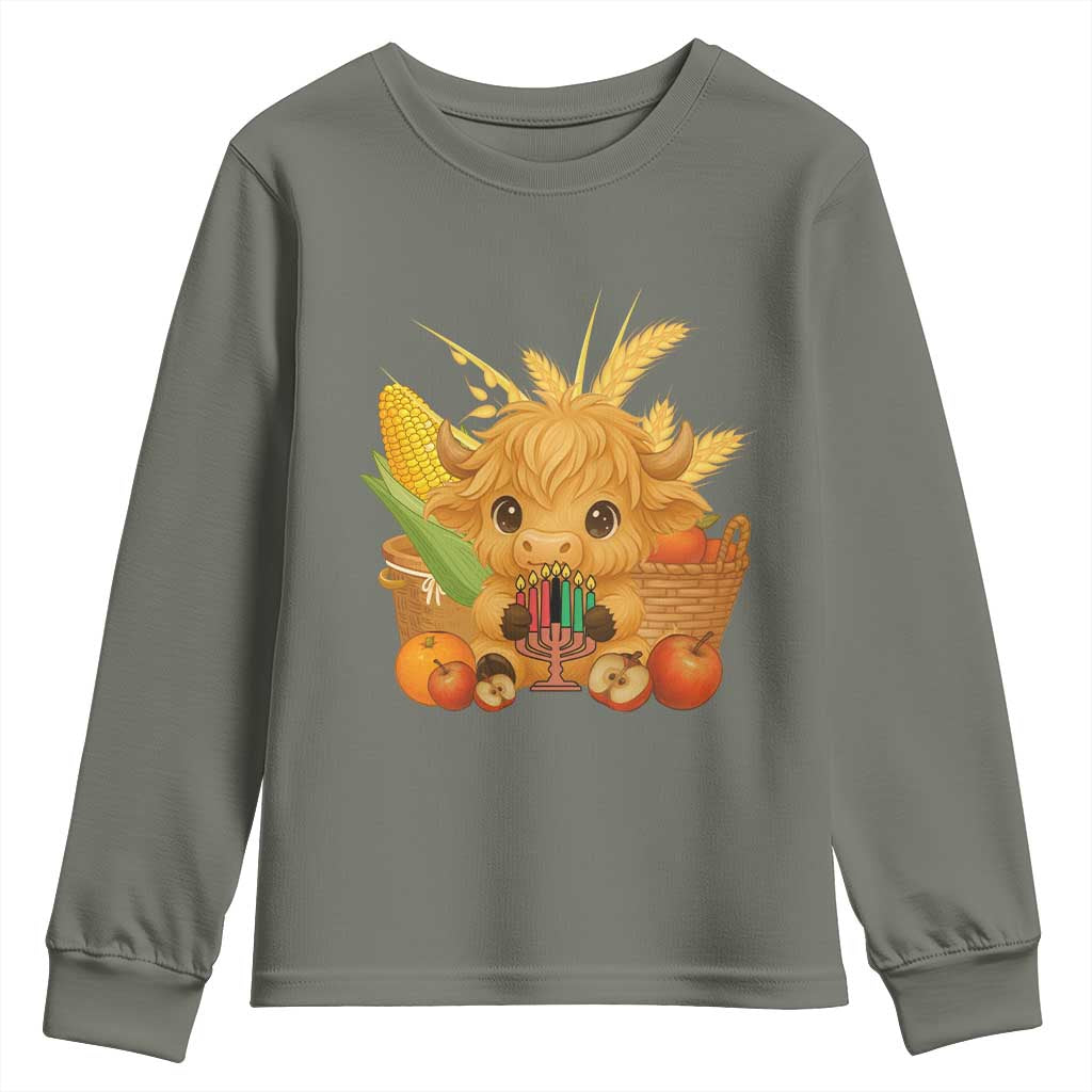 Cute Highland Cow With Kwanzaa Kinara And Presents Youth Sweatshirt African Heritage Gift - Wonder Print Shop