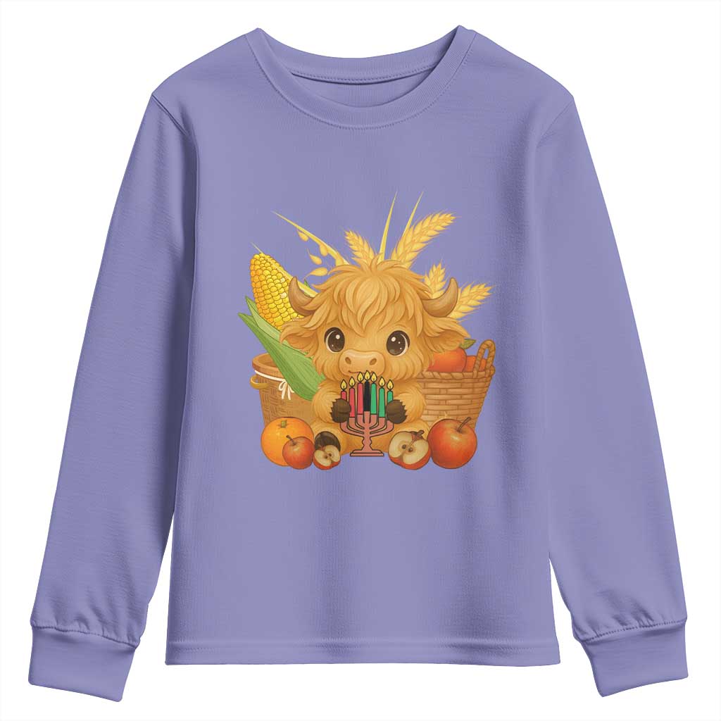 Cute Highland Cow With Kwanzaa Kinara And Presents Youth Sweatshirt African Heritage Gift - Wonder Print Shop