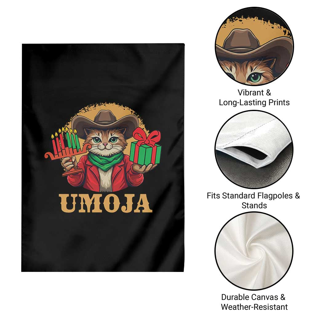 Funny Umoja Holiday Gift Garden Flag CowCat Kwanzaa Kinara Candle And Presents - Wonder Print Shop