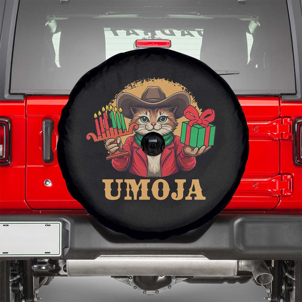 Funny Umoja Holiday Gift Spare Tire Cover CowCat Kwanzaa Kinara Candle And Presents - Wonder Print Shop