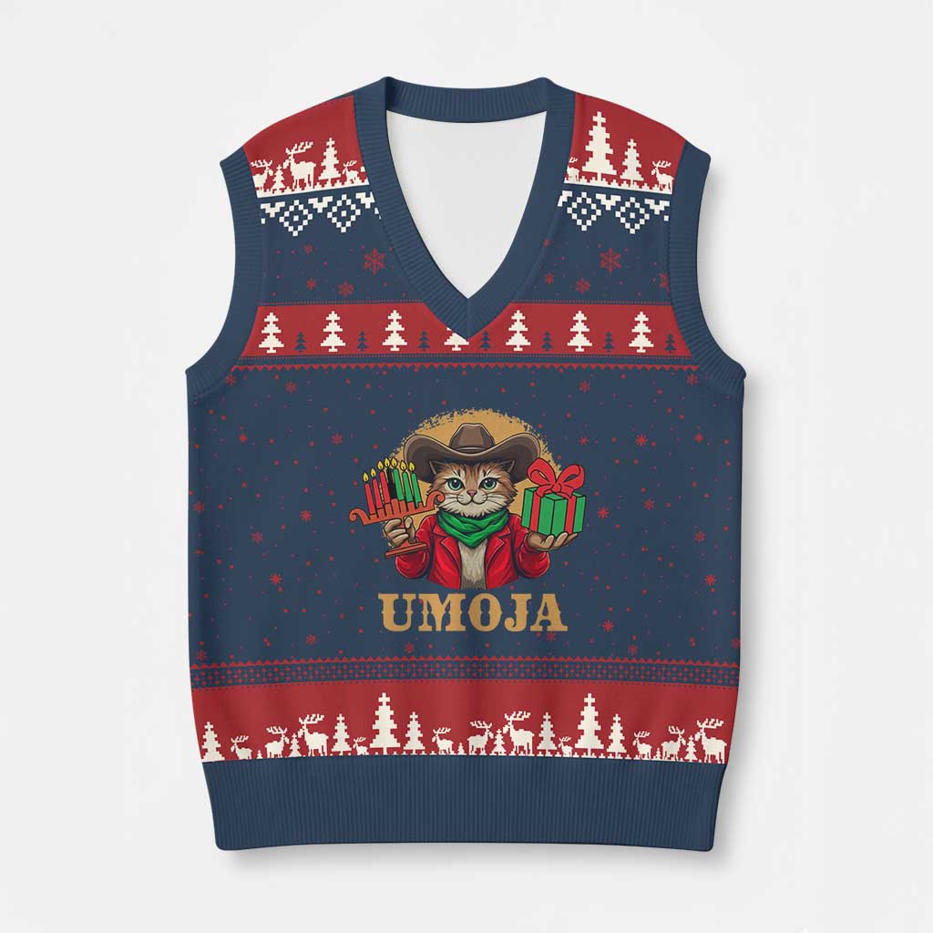 Funny Umoja Holiday Gift V-Neck Knit Sweater Vest CowCat Kwanzaa Kinara Candle And Presents - Wonder Print Shop