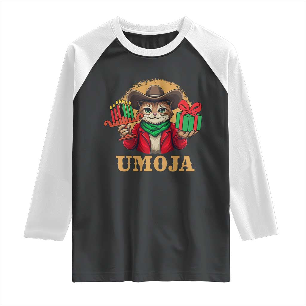 Funny Umoja Holiday Gift Raglan Shirt CowCat Kwanzaa Kinara Candle And Presents - Wonder Print Shop