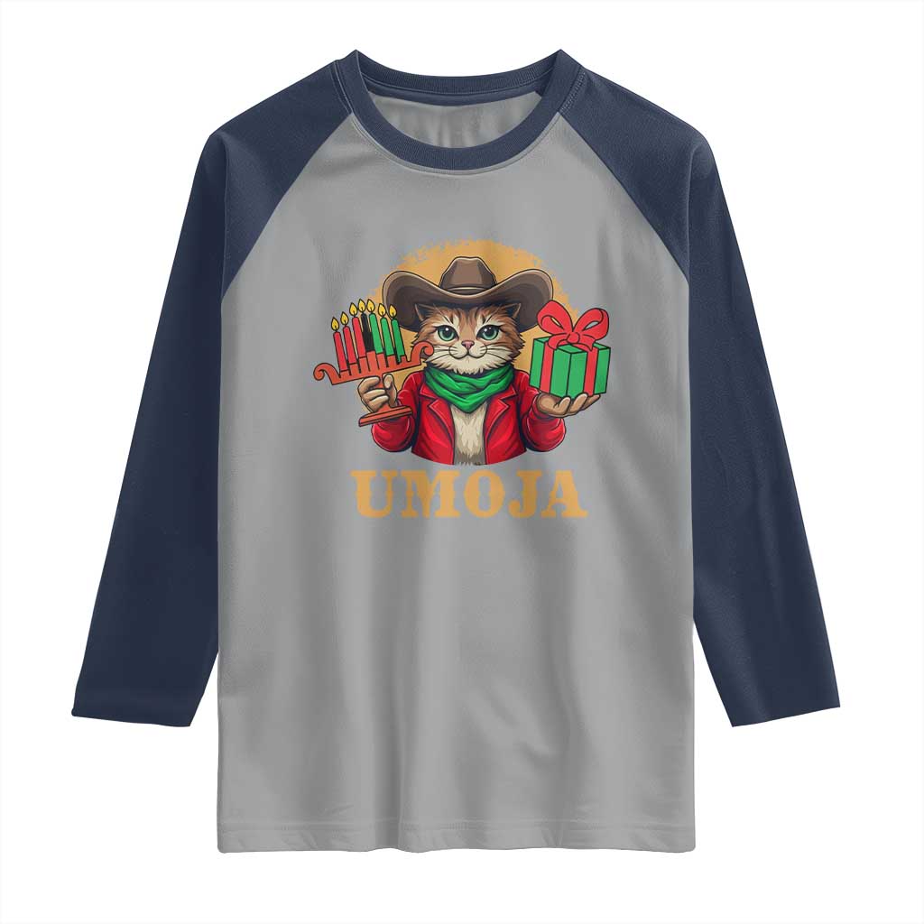 Funny Umoja Holiday Gift Raglan Shirt CowCat Kwanzaa Kinara Candle And Presents - Wonder Print Shop
