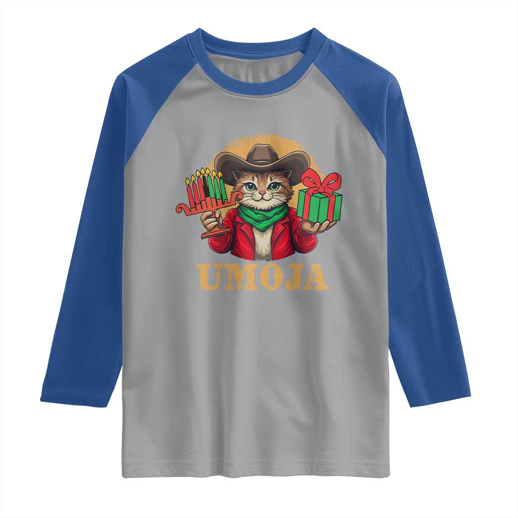 Funny Umoja Holiday Gift Raglan Shirt CowCat Kwanzaa Kinara Candle And Presents - Wonder Print Shop