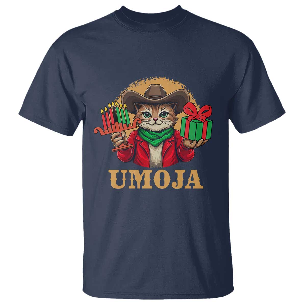 Funny Umoja Holiday Gift T Shirt CowCat Kwanzaa Kinara Candle And Presents - Wonder Print Shop